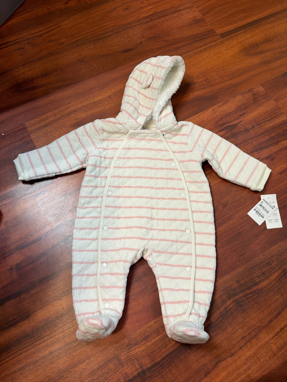 Born Pink and White Striped Hooded Baby One-Piece